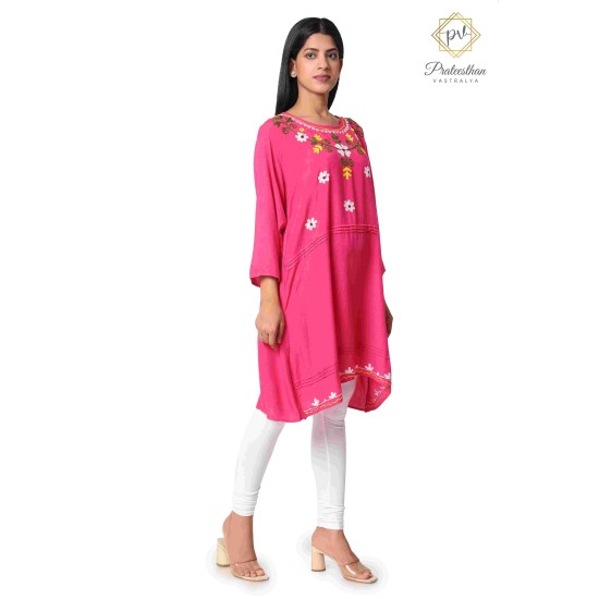 Pretty Pink Floral Neck Embroidery Beautiful Cotton Women's Kurti