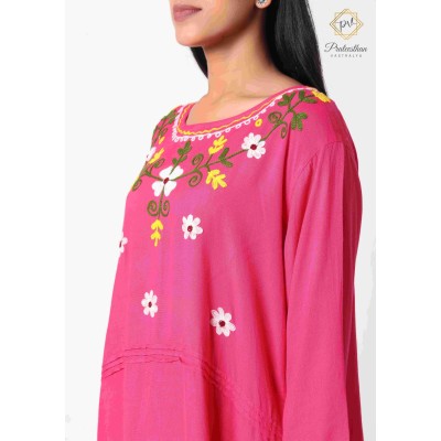 Pretty Pink Floral Neck Embroidery Beautiful Cotton Women's Kurti