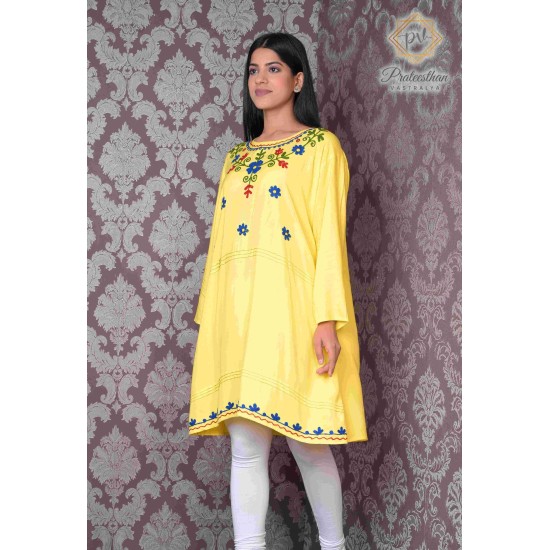 Simply Beautiful Neck Embroidery Yellow Cotton Women's Kurti