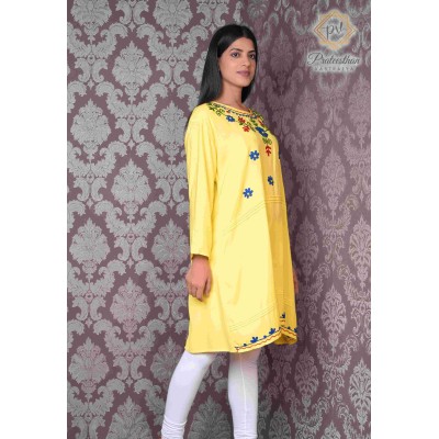 Simply Beautiful Neck Embroidery Yellow Cotton Women's Kurti