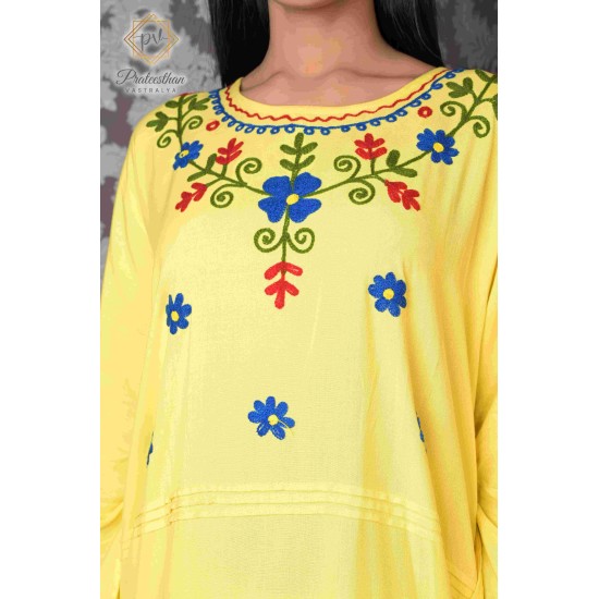 Simply Beautiful Neck Embroidery Yellow Cotton Women's Kurti