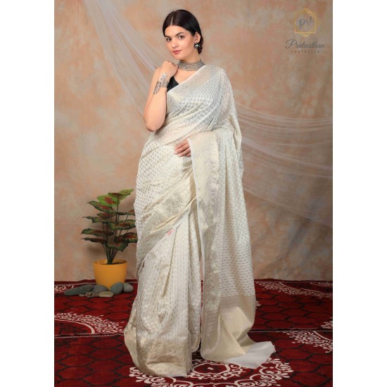 Traditional Pretty Beautiful Royal Cream Silk Women's Saree 