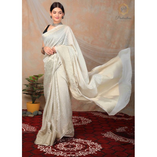 Traditional Pretty Beautiful Royal Cream Silk Women's Saree 