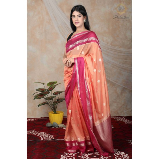 Beautiful Peach And Red Border Silk Women's Saree