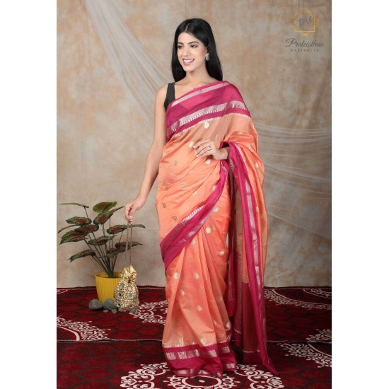 Beautiful Peach And Red Border Silk Women's Saree