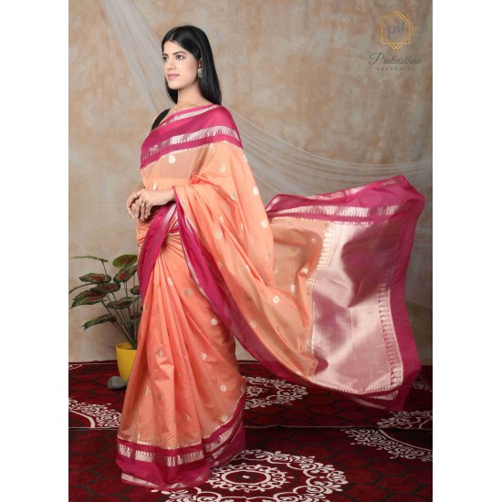 Beautiful Peach And Red Border Silk Women's Saree