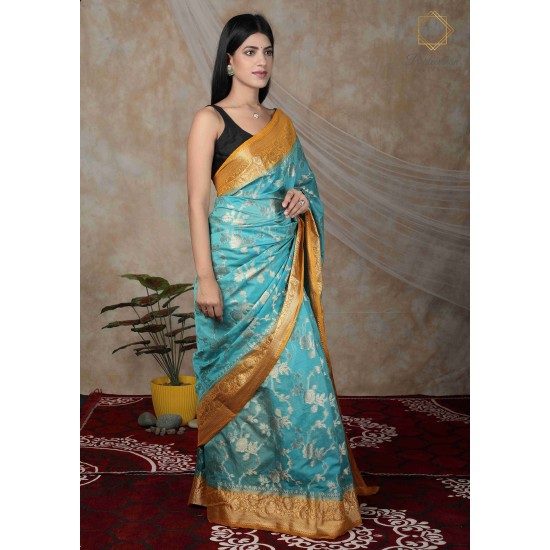 Elegance Tradition Blue And Golden Border Silk Saree 