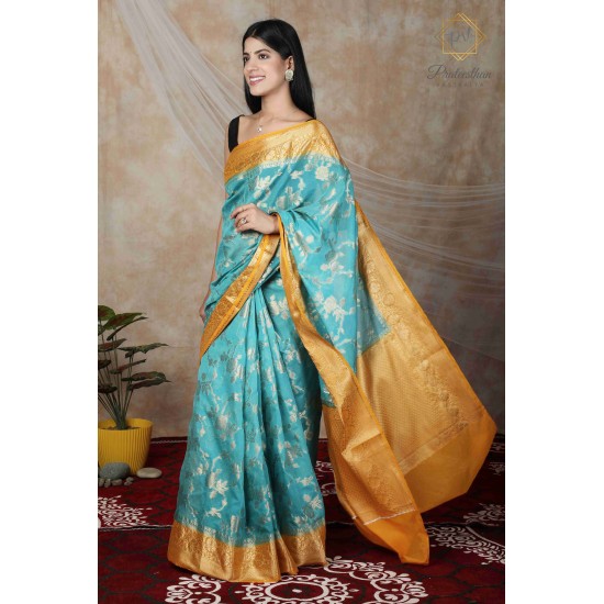 Elegance Tradition Blue And Golden Border Silk Saree 