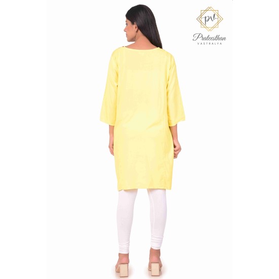 Beautiful Classy Floral Neck Embroidery cotton yellow short kurti