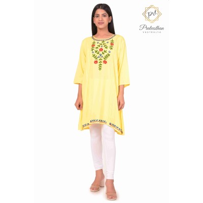 Beautiful Classy Floral Neck Embroidery cotton yellow short kurti