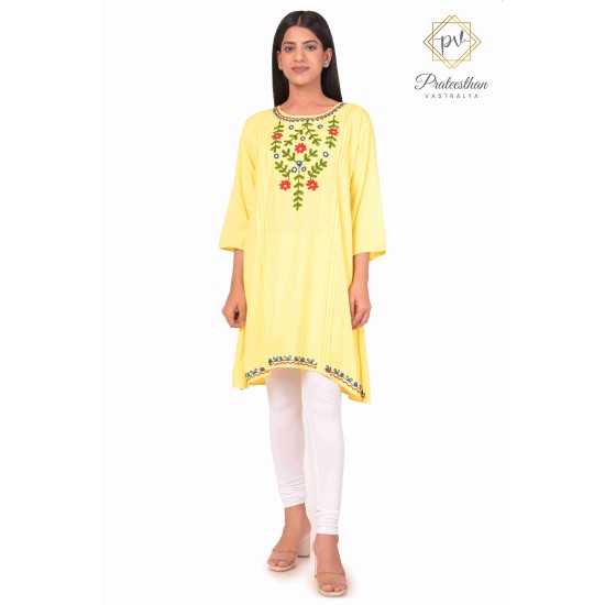 Beautiful Classy Floral Neck Embroidery cotton yellow short kurti