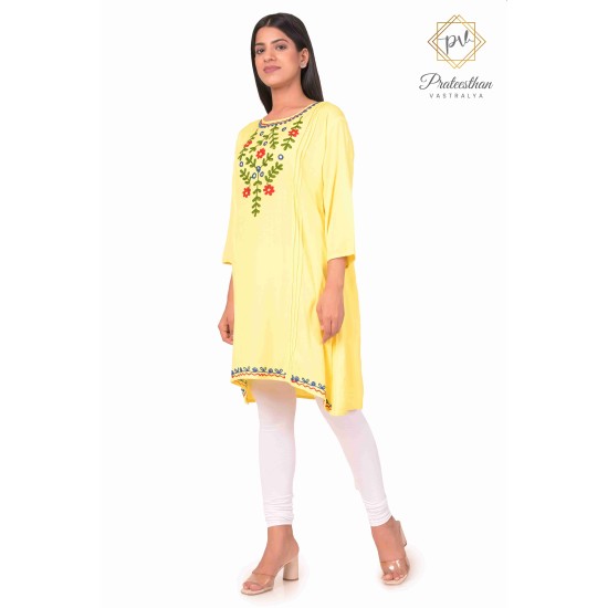 Beautiful Classy Floral Neck Embroidery cotton yellow short kurti