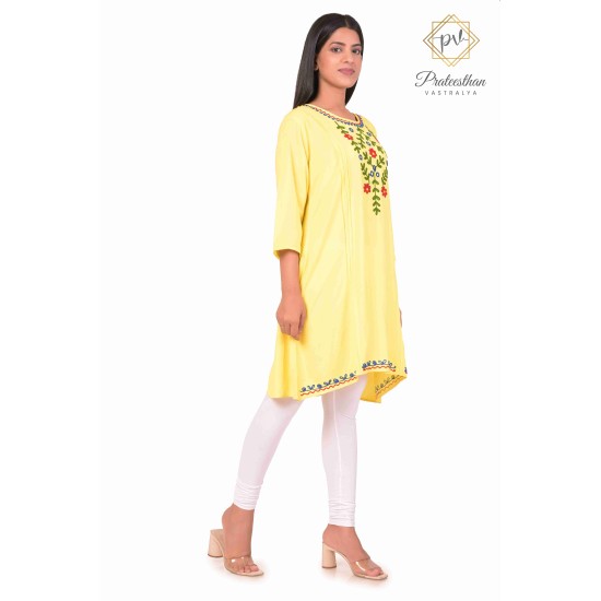 Beautiful Classy Floral Neck Embroidery cotton yellow short kurti