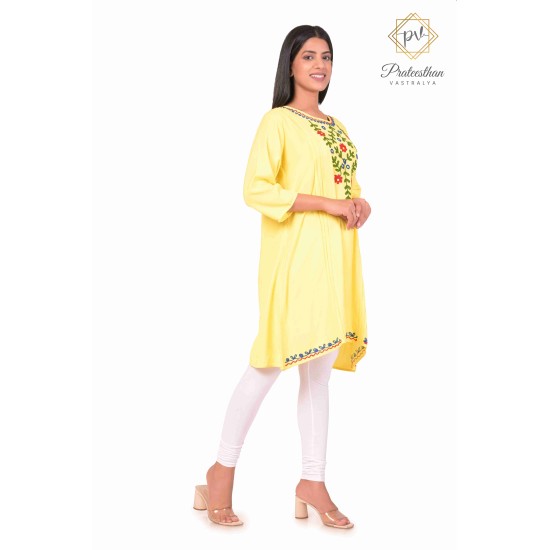 Beautiful Classy Floral Neck Embroidery cotton yellow short kurti