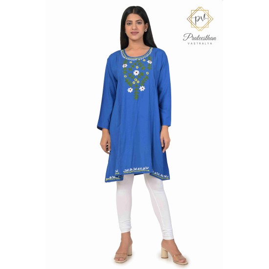 Beautiful Floral Neck Embroidery Cotton Blue Short Kurti