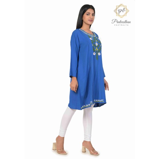 Beautiful Floral Neck Embroidery Cotton Blue Short Kurti