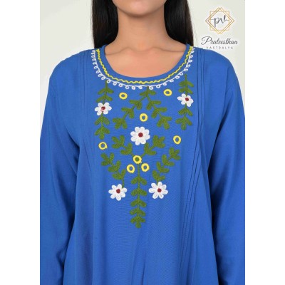 Beautiful Floral Neck Embroidery Cotton Blue Short Kurti