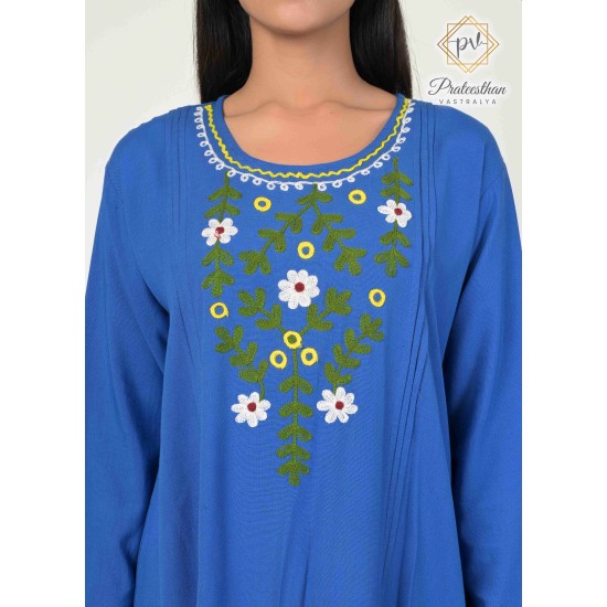 Beautiful Floral Neck Embroidery Cotton Blue Short Kurti