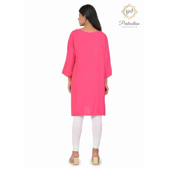 Effortless Elegance Floral Neck Embroidery cotton pink short kurti