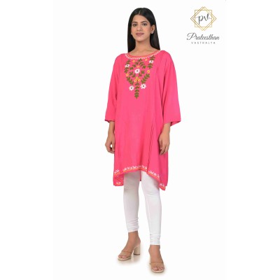 Effortless Elegance Floral Neck Embroidery cotton pink short kurti