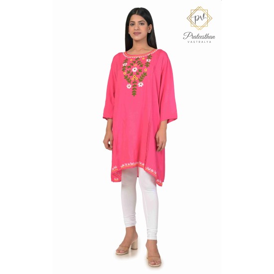 Effortless Elegance Floral Neck Embroidery cotton pink short kurti