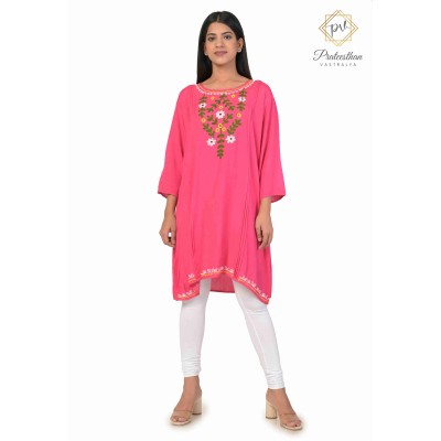 Effortless Elegance Floral Neck Embroidery cotton pink short kurti