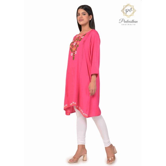 Effortless Elegance Floral Neck Embroidery cotton pink short kurti