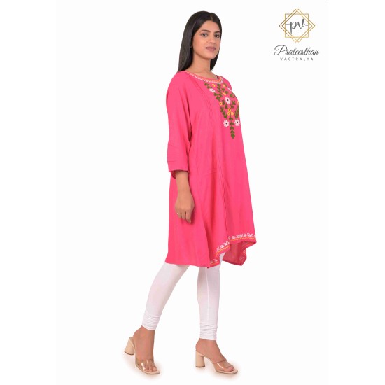 Effortless Elegance Floral Neck Embroidery cotton pink short kurti