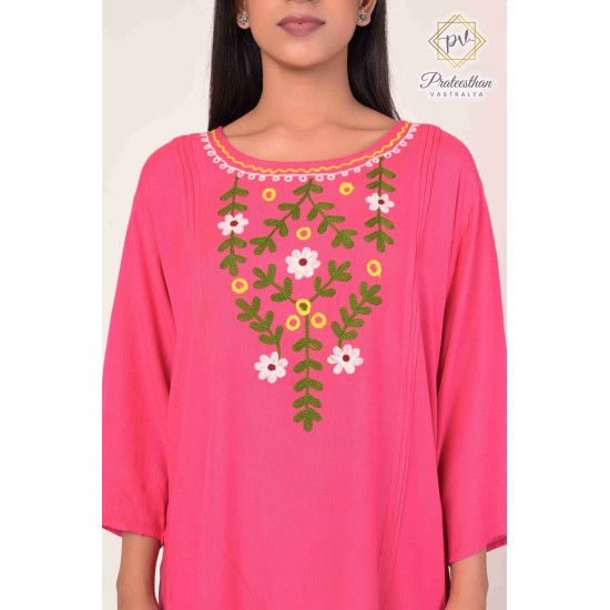 Effortless Elegance Floral Neck Embroidery cotton pink short kurti