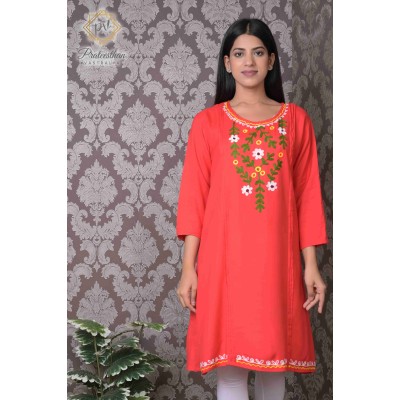 Simply Beautiful Floral Neck Embroidery cotton red short kurti