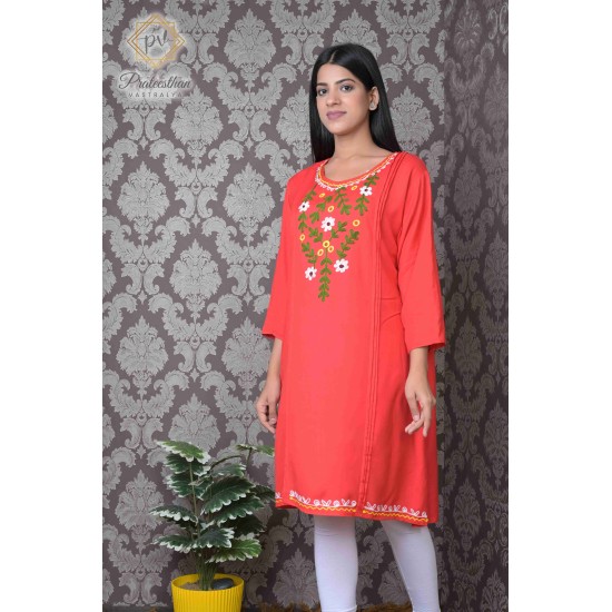 Simply Beautiful Floral Neck Embroidery cotton red short kurti