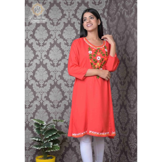 Simply Beautiful Floral Neck Embroidery cotton red short kurti